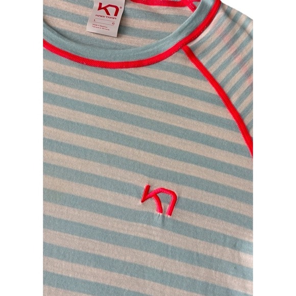 Kari Traa Smale T-Shirt 100% Wool Baselayer Tee Women's L Aqua White Striped - Picture 7 of 11
